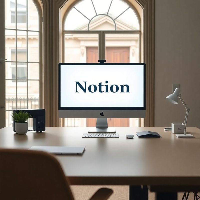 Editorial workspace showing an open Notion dashboard on a wide monitor