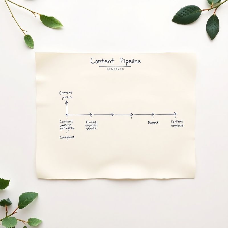 Content pipeline diagram laid flat on cream paper with ink blue annotations